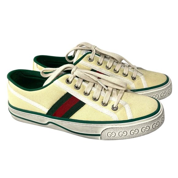 GUCCI Tennis 1977 Old Multicolor Canvas Tweed Butter Yellow Womens 38 8 - Picture 5 of 12